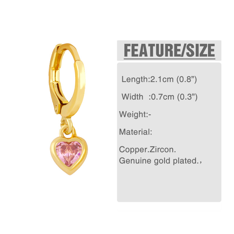 5g Weight 18K Gold Plated Plating Material Artificial Gemstones Inlay Material Earrings Classification Housewarming, Anniversary, Business, Wedding, Travel, Party, Birthday, Festival Occasion Copper Material Heart Pattern Women'S Gender Fashion Style Rose Red, White, Pink, Green, Blue, Champagne, Yellow, Black Color Fashion Heart Copper Artificial Gemstones Copper Earrings 无
