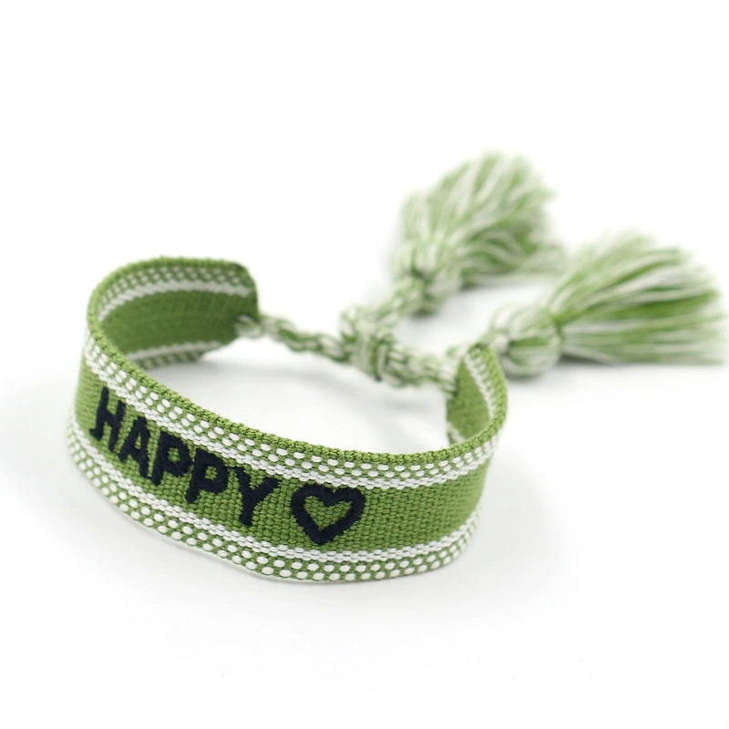 handmade woven bracelet, polyester, embroidered letters with tassels, adjustable (love)
