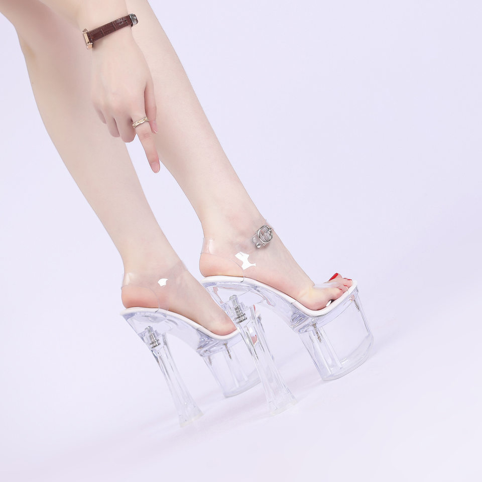 Sandal nữ gót thô siêu cao hở mũi đế trong suốt chống thấm, quai ngang khóa cài — Màu bạc, Màu hồng, Màu trắng, Màu tím chi tiết 12