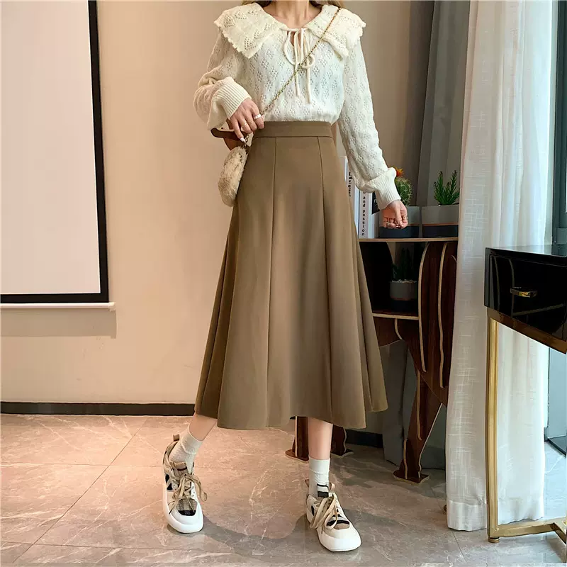 法式斜纹磨毛半身裙女高腰a字中长款裙子伞裙半裙春秋冬小个子裙