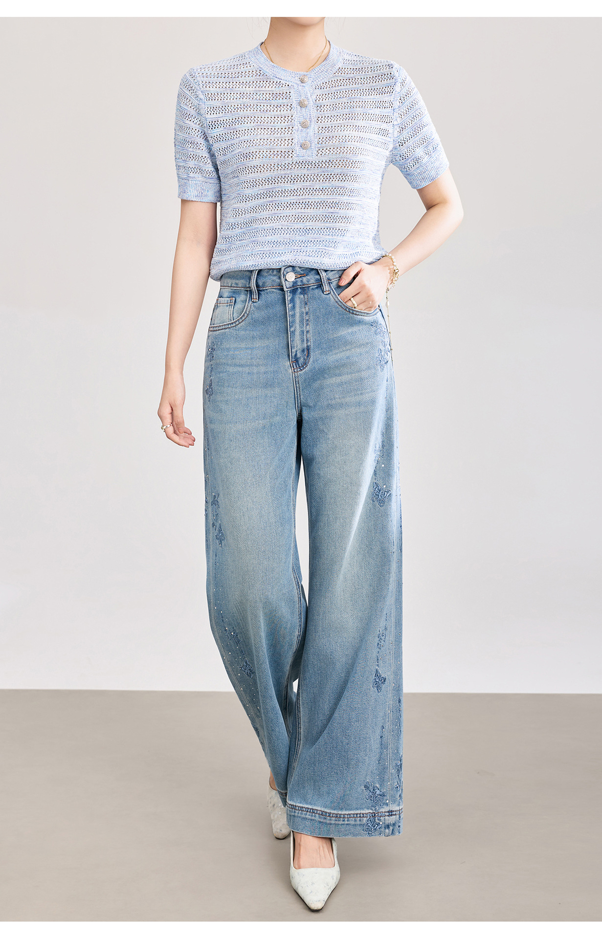 Quần jean nữ ống rộng chất liệu cotton phối lụa, thêu bướm đính kim cương — xanh lam chi tiết 20