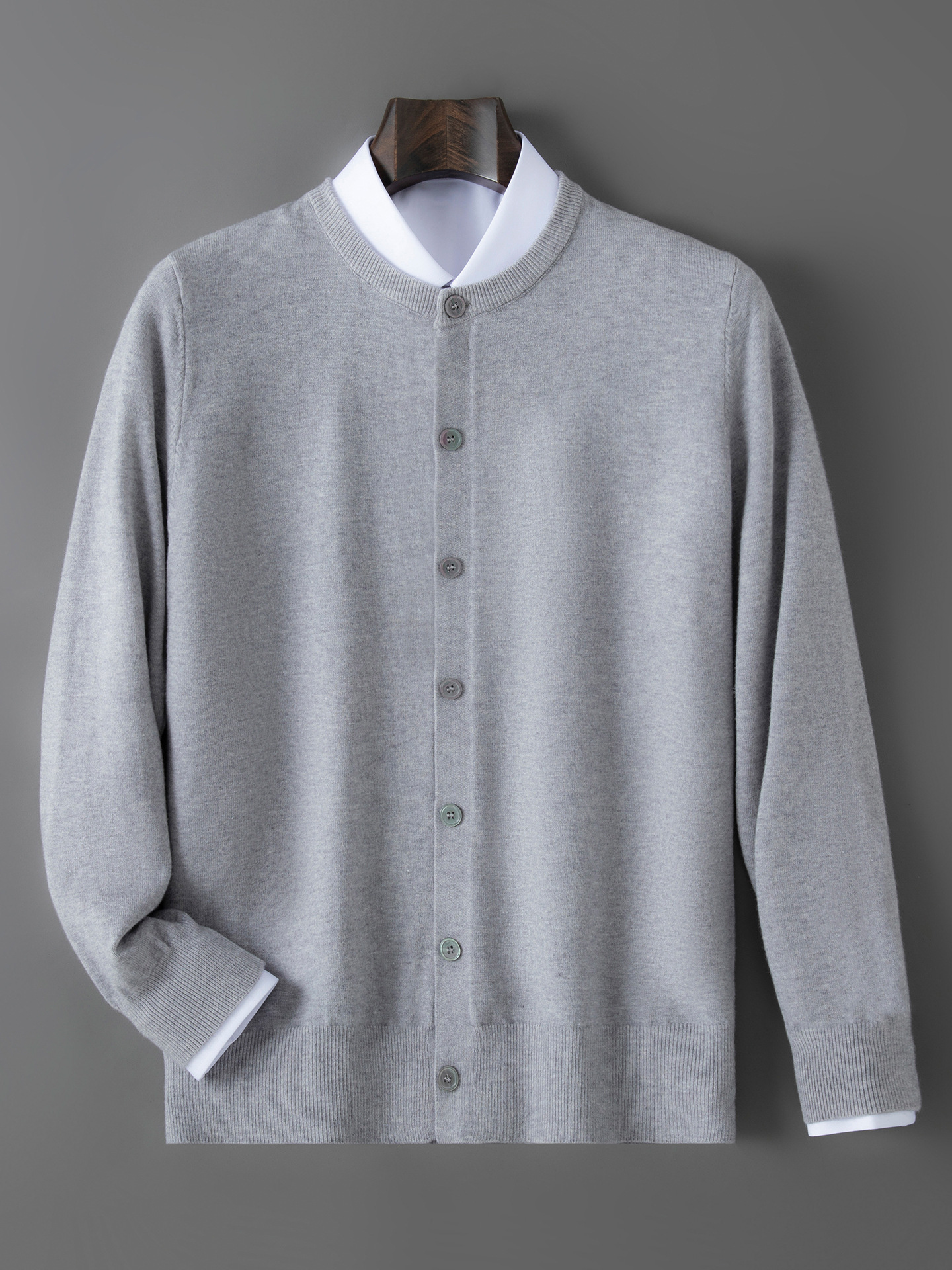 knitted demi-season cardigan with a round collar