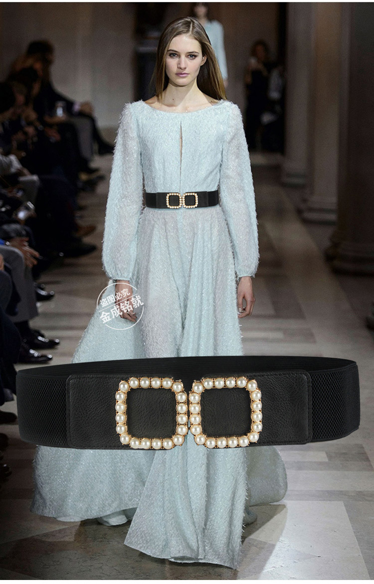 Alloy Material Letter, Square Pattern Women's Decorative Pearl Belt Elastic Girdle Fashion Belt