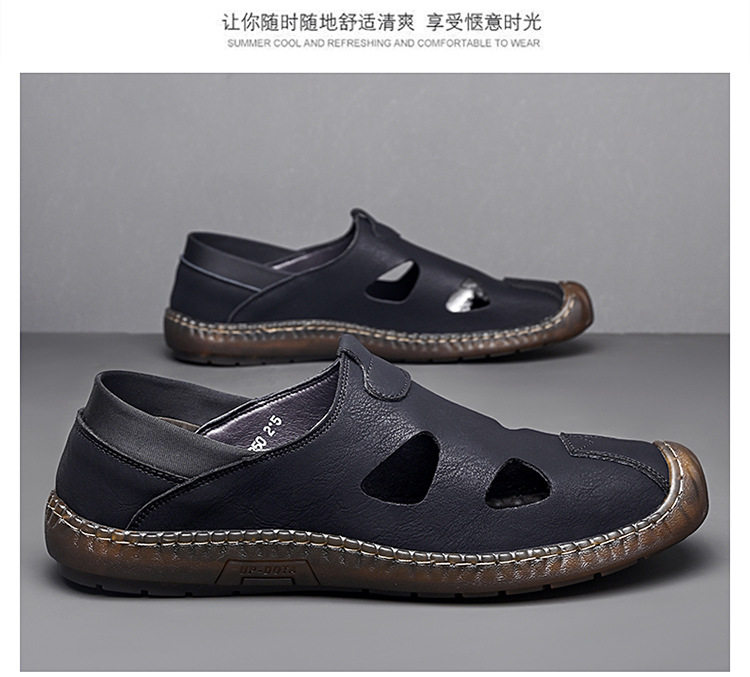 Giày sandal da nam thủ công đan dây, thoáng khí khoét lỗ, kiểu bao đầu — Màu kaki, màu đen chi tiết 12