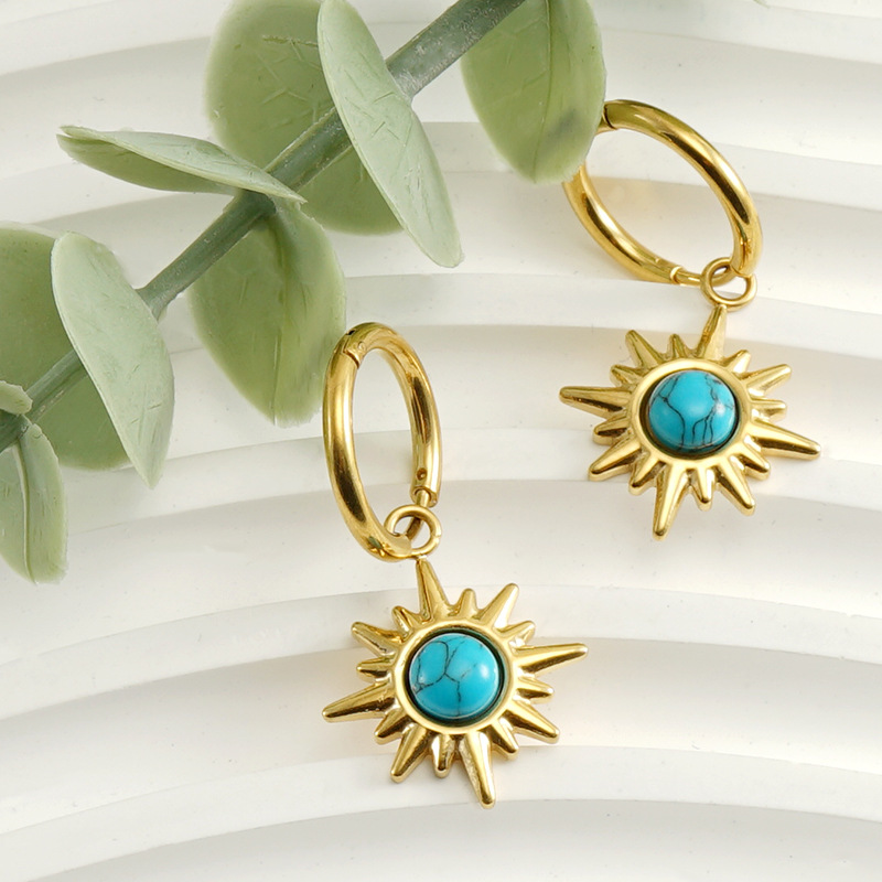 Simple Style Sun Stainless Steel Plating Inlay Turquoise 18k Gold Plated Drop Earrings display picture 3