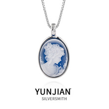 法式复古卡梅奥人像椭圆形蓝玛瑙吊坠s925纯银双面浮雕女王项链女