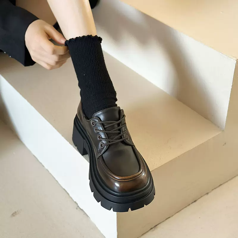 英伦风厚底小皮鞋女2025年新款四季百搭黑色系带JK乐福鞋粗跟单鞋