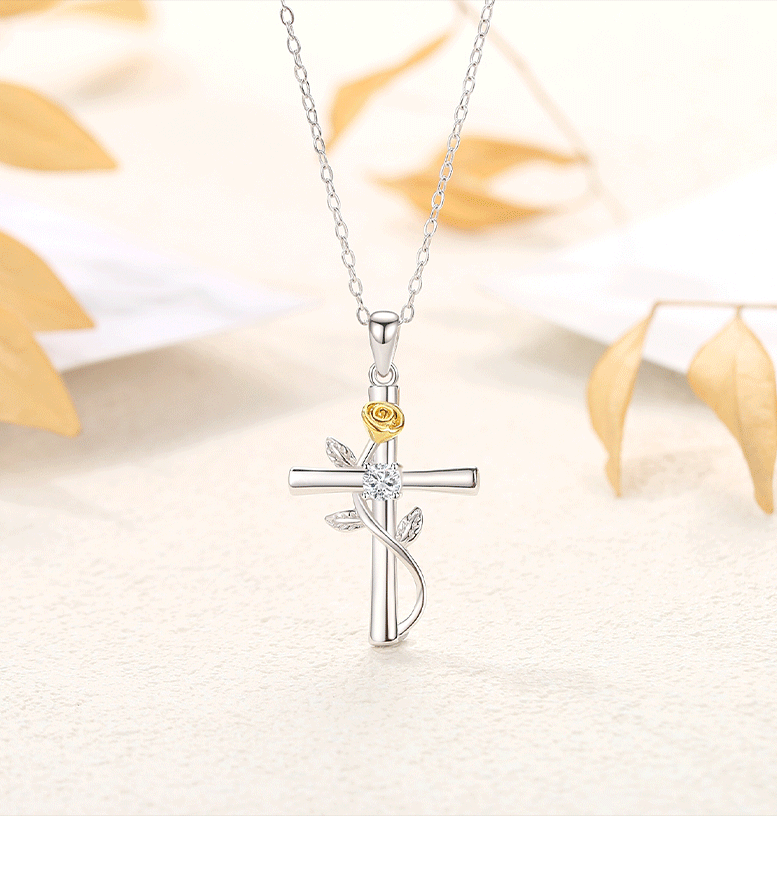 Holiday, Tea Party Occasion 925 Sterling Silver Material 925 Sterling Silver Zircon Inlay Cross Rose Pendant Necklace