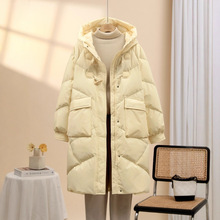 2025冬季新款牛角扣羽绒服女中长款大口袋韩版加厚宽松连帽外套冬