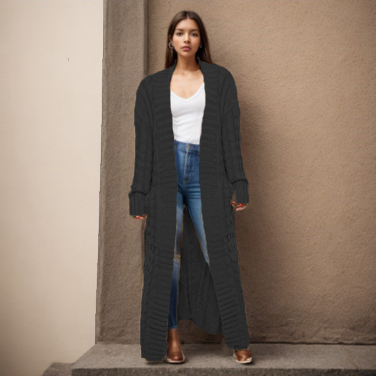 Damen-Strickjacke mit langen Ärmeln, einfarbig, langer Pullover, dicker Mantel_voghion.com