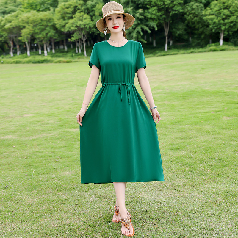 中高年向けの新しい綿シルクドレス、夏の若いスタイル、中年母親の花柄ロングスカート、エレガントなアウターウェア|undefined