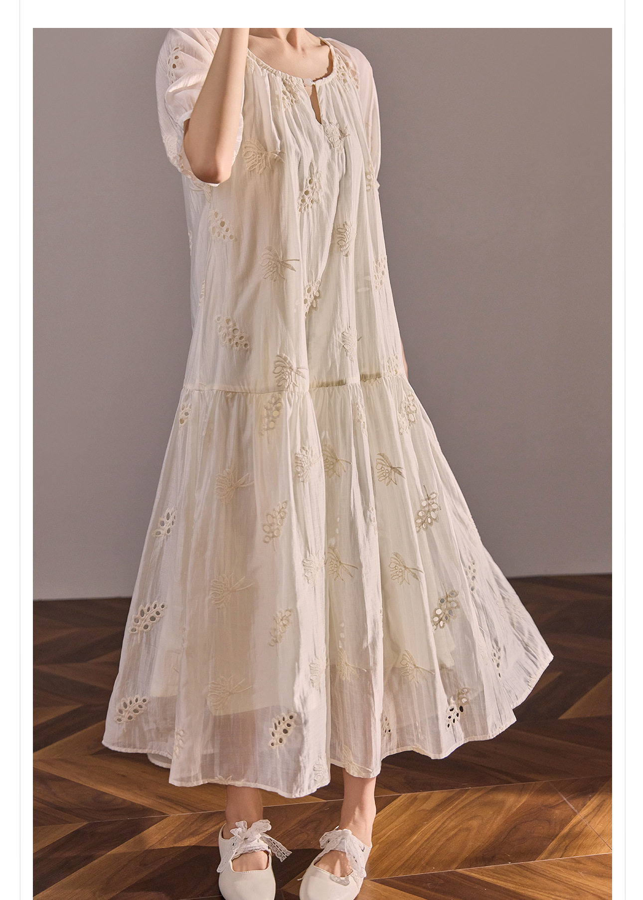 Váy maxi dáng rộng phong cách Trung Hoa mới cao cấp mùa hè chất Tencel cho người dáng nhỏ — Màu trắng nhạt chi tiết 12
