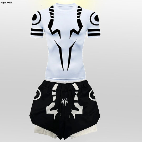 AliExpress Cross-border Spell Battle Digital 3D Printed T-shirt 2-in -1 Double-layer Shorts 2-piece Running Sportswear