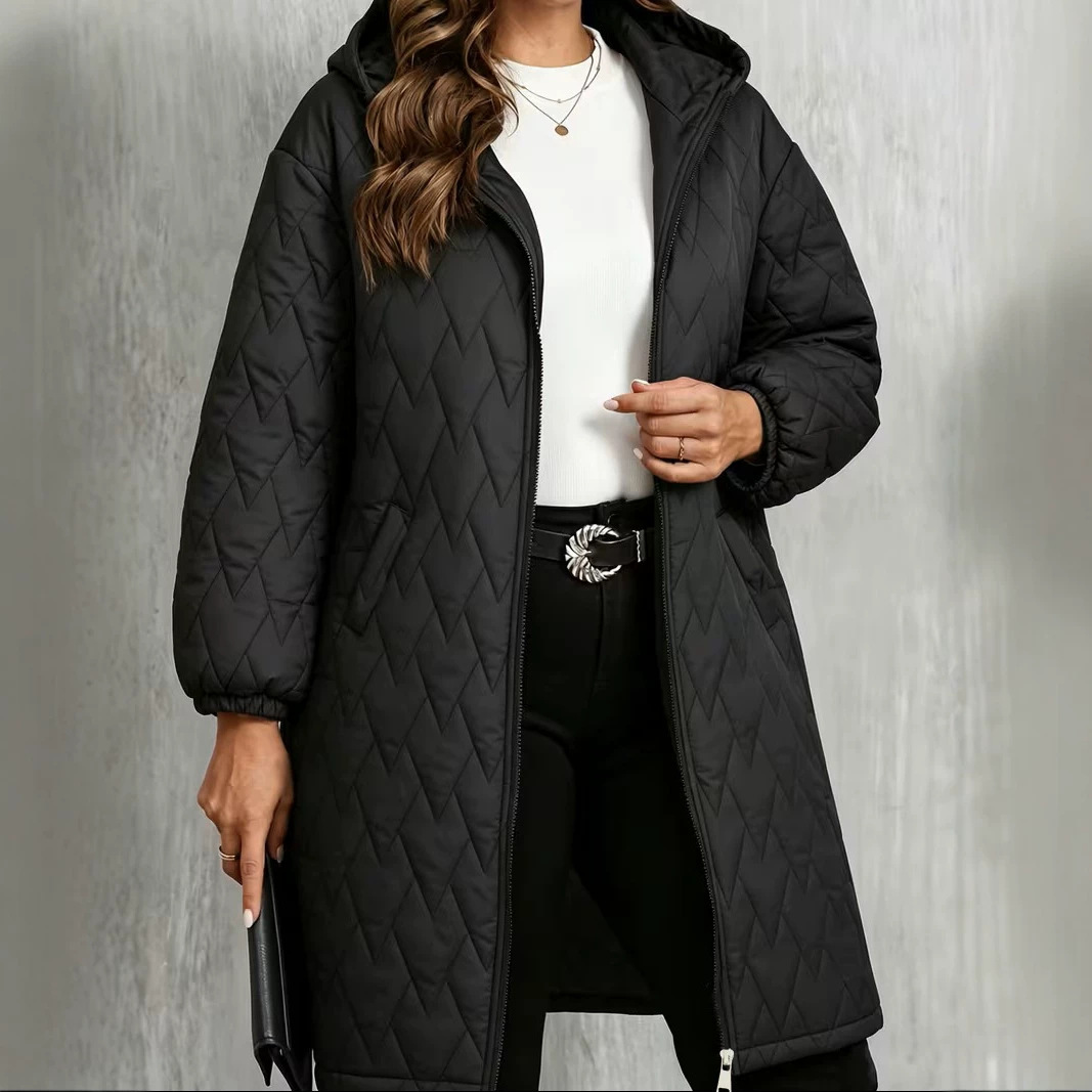 European and American cross-border women's hooded mid-length cotton coat, slim-fit warm jacket, women's autumn and winter fashion casual plus-size coat