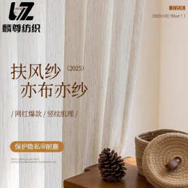 法式纱侘寂风客厅阳台纱帘透光不透人亚麻黑边中古风窗纱2025新款