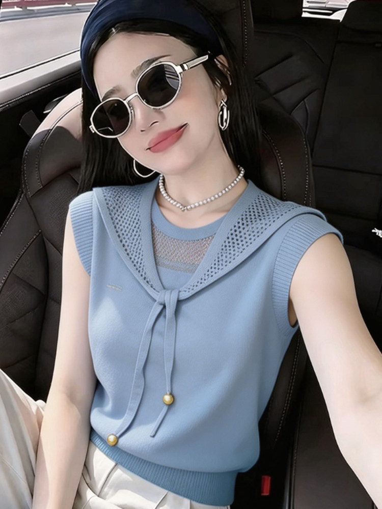 Áo hai dây dệt kim phong cách thiếu nữ ngọt ngào, họa tiết rỗng, tay dây mảnh — Màu xanh da trời