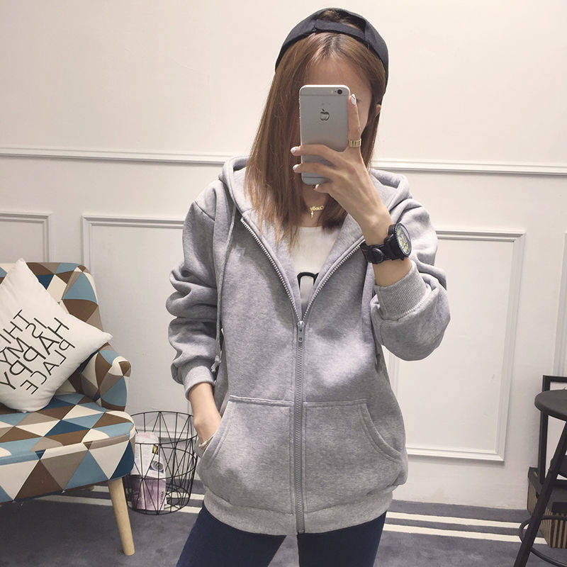 大码连帽加绒加厚宽松卫衣外套女ins开衫拉链休闲运动秋冬外套女