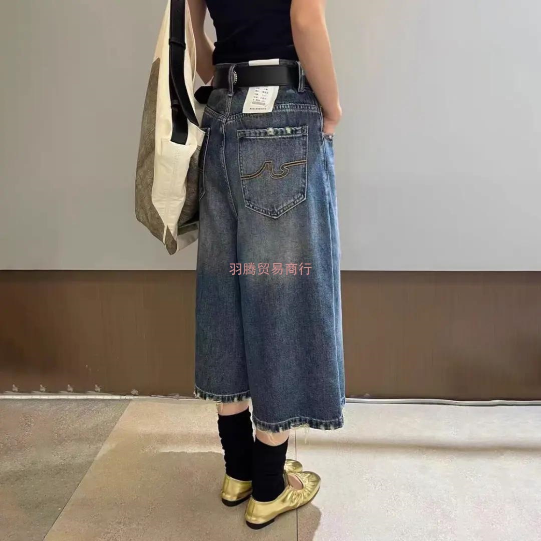 2025美式夏季新款高腰牛仔直筒中裤宽松阔腿显瘦毛边设计感七分裤