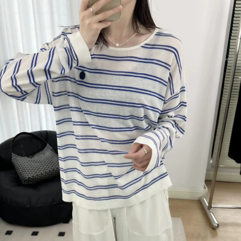 Классическая полосатая футболка с длинными рукавами для женщин летом 2025 новый свободный круглый вырез дышащий длинный рукав повседневный топ для женщин
