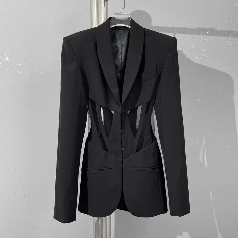 Muler Style Super Stylish Fishbone Mesh Waist-Cinching Blazer with Sheer Shoulder Pads and a Silhouette That Accentuates the Waist