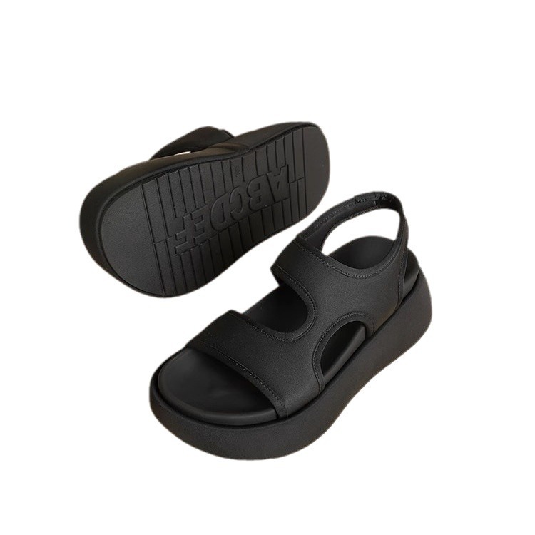 Sandálias de tacón alto de fondo grueso para mujeres en verano 2025, nuevo estilo simple de un pie elástico cómodo pequeño aumento de altura universal