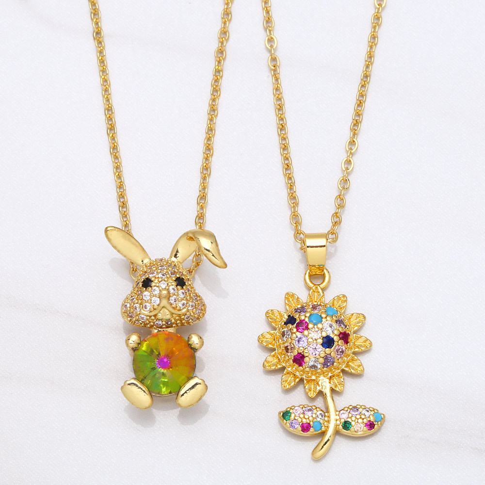 European And American Micro-inlaid Color Zircon Sunflower Rabbit Copper Clavicle Chain display picture 3