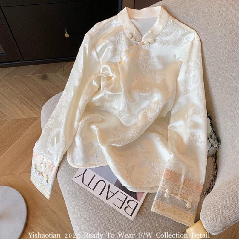 High-Quality New Chinese-Style Satin Jacquard Button Embroidery Shirt, Spring and Autumn New Style, Diagonal Placket Tang Suit, Improved National Style Top