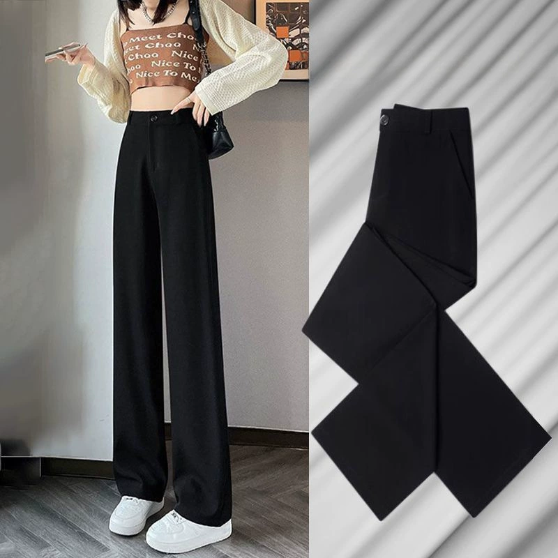 Black suit, autumn demi-season long trousers, high waist, loose straight fit