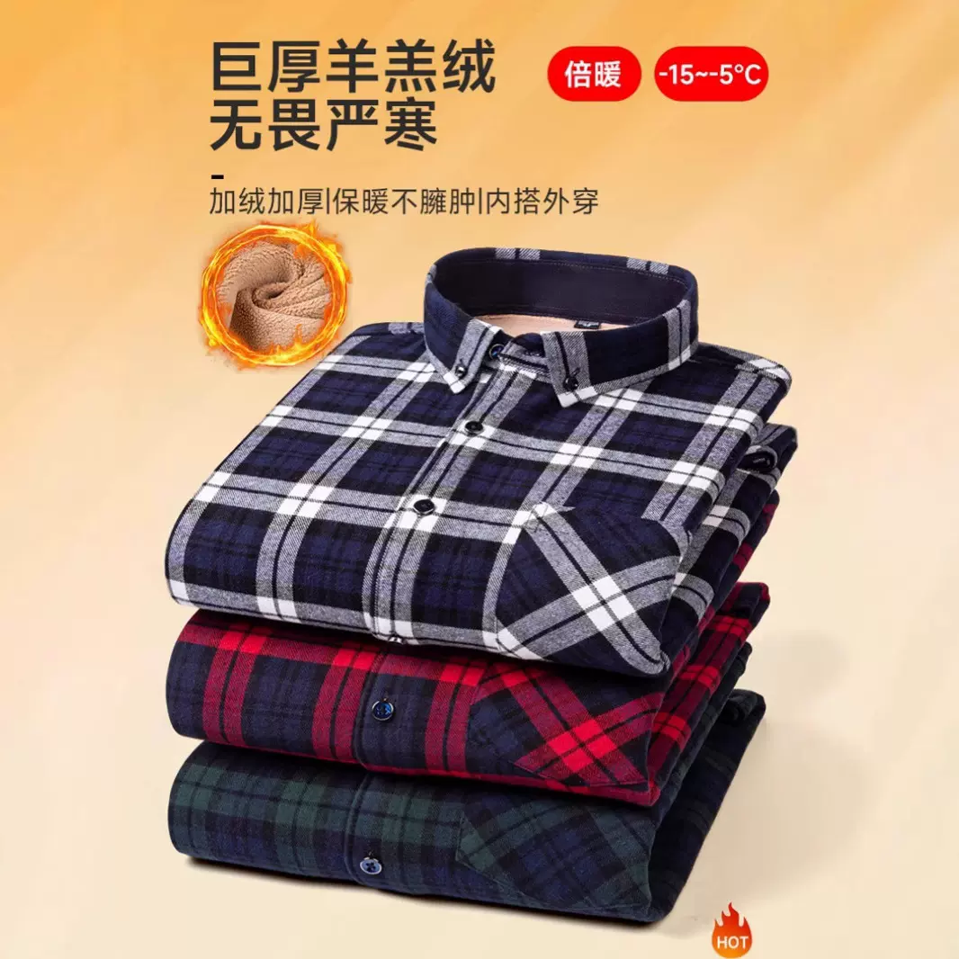 秋冬纯棉羊羔绒格子保暖衬衣男加厚加绒跨境大码男士加绒衬衫
