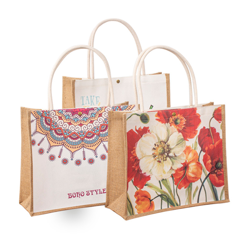 Bolsas de lino en blanco personalizadas empresas publicidad impresión en color patrón bolsas de regalo empalmado lienzo bolsa de lino portátil personalizada