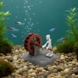 跨境水族骷髅打工水车 鱼缸气动摆件会转动骷髅水车 鱼缸增氧造景