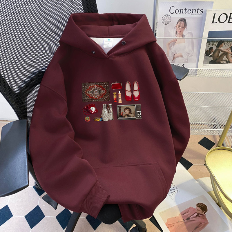 Autumn and Winter Ladies Casual Simple and Interesting Printed Sweatshirt Y2K Multifunctional Southeast Asian Style Retro Hoodie