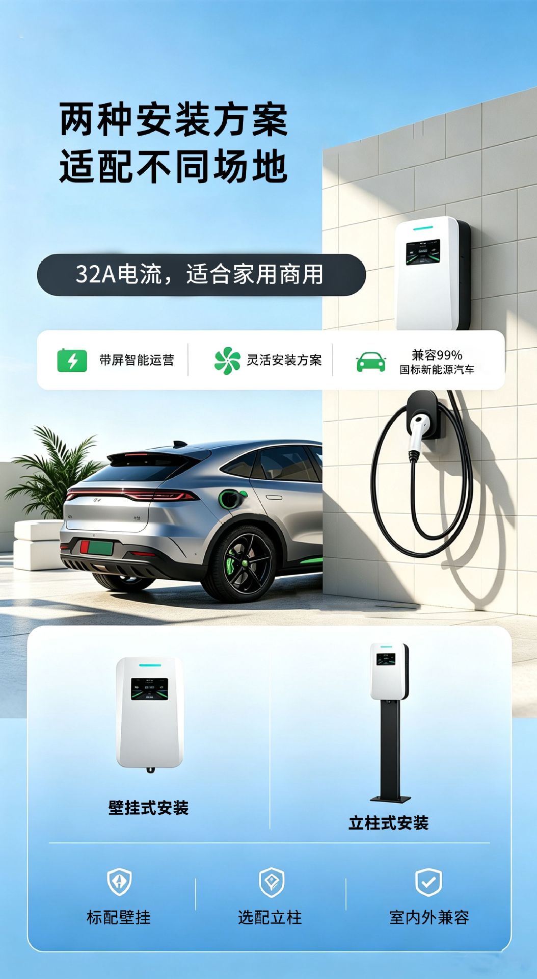 7Kw Ac Charging Pile for Home Use, Slow Charging Gun Charger for Electric Vehicles
