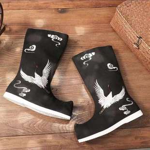 Hanfu Shoes for Men, Ancient Costume Boots for Women, Couple's Upturned Shoes with Internal Height Increase, Embroidered Long Boots, Cosplay Ancient Style Shoes, High Boots