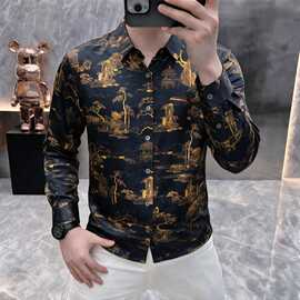 夏季男士短袖花衬衫新款时尚潮流丝绸上衣中老年轻奢休闲半袖衬衣