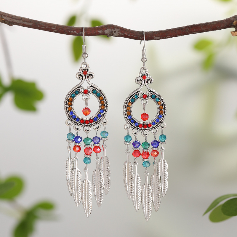 Artistic and Unique Earrings 2026 Your Ti Xi Round Ethnic Style Hollow Multi-Layer Crystal Leaf Stud Earrings