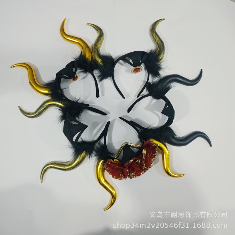 2025 新電気メッキプラスチック大きなホーンヘッドバンドハロウィン子供ドレスアップ頭飾りホリデー悪魔ヘッドバンド|undefined