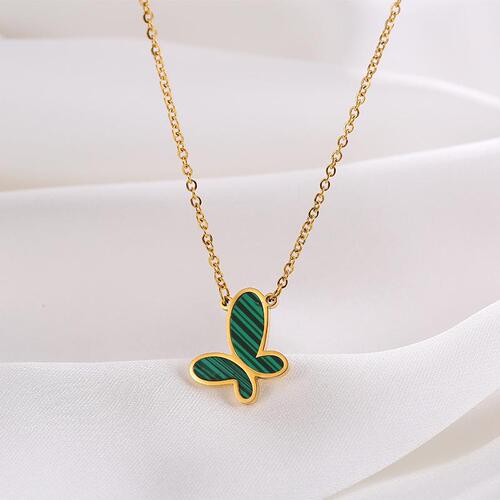 Internet celebrity jewelry 18k gold titanium steel necklace green butterfly pendant beaded clavicle chain popular jewelry necklace