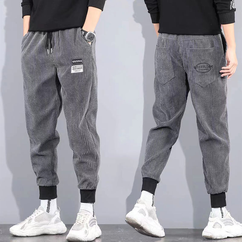 Trendy Brand Black Corduroy Casual Pants Men's Nicking Leg Trousers Sports Pants Spring and Autumn Calf Slim Pants