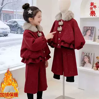 2025新款女童加绒加厚毛呢套装儿童拜年服韩版保暖翻领洋气两件套
