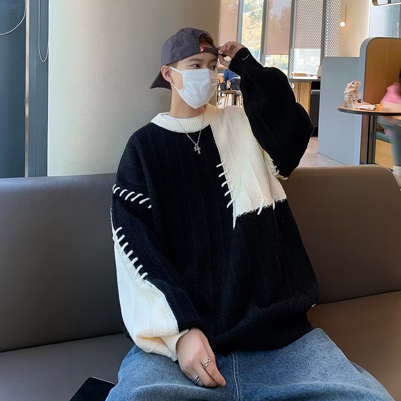拼接撞色毛衣男士秋冬季潮牌宽松休闲慵懒风设计感小众套头针织衫|undefined