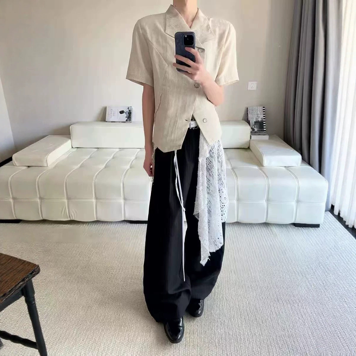 高货 莱赛尔亚麻解构裁剪暗纹提花衬衫短袖高智风不规则异领上衣