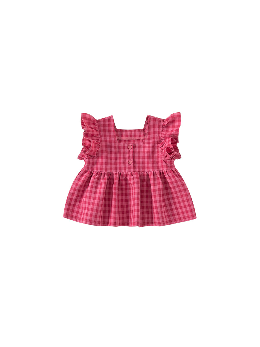 Youbao ropa para niños dulce verano nuevo producto blusa de cuello cuadrado para niños camisa de bebé a cuadros rosa para niñas pequeña camisa de manga voladora