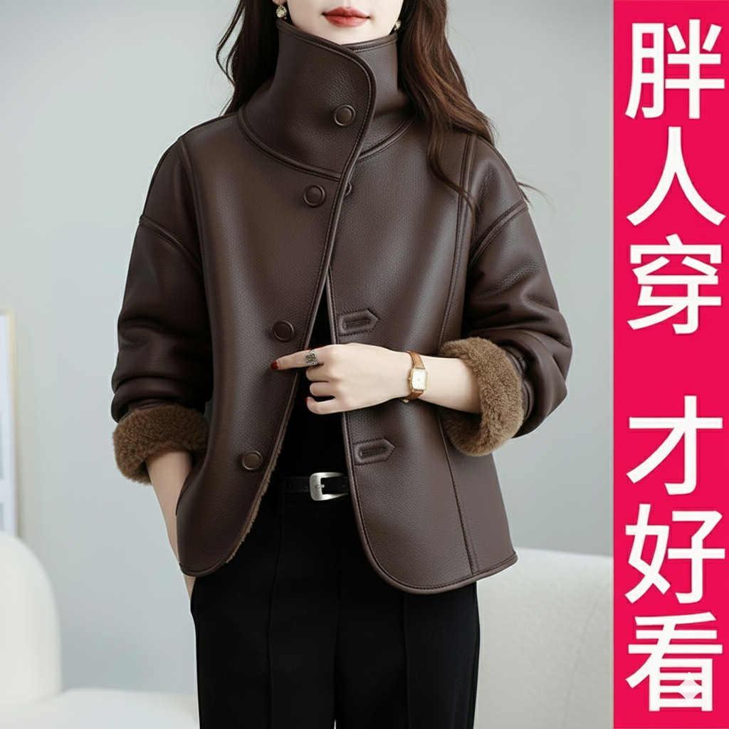 100kg High-End Plus-Size Trendy Shearling Women's Jacket 2025 New Winter Biker Coat