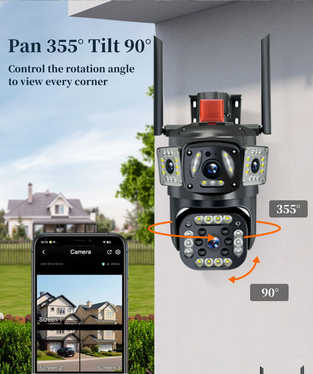 V380-WiFi Dört Lensli Üç Ekran İç Dış Mekan Full HD Renkli Uyarı Gözetim Kamerası