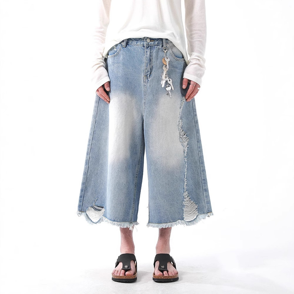 Factory Direct Supply Retro Glacier Blue Brushed Ripped Wide-Leg Cropped Jeans for Men and Women Trendy Loose Casual Shorts