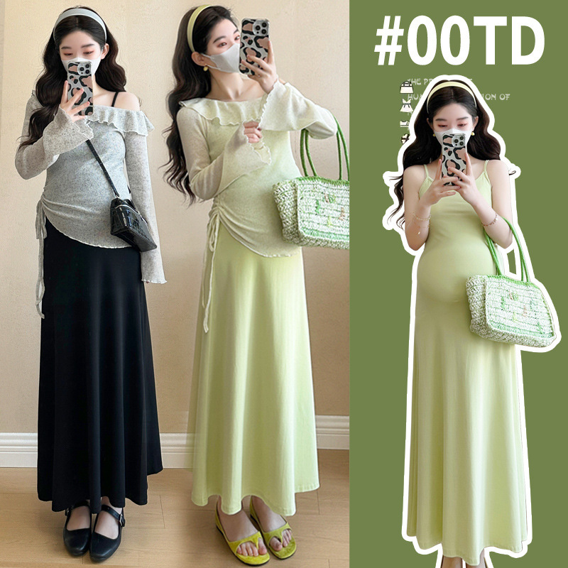 2025 summer pregnant women's new hot mom pure wind knitted suspender skirt with blouse two-piece dress suit