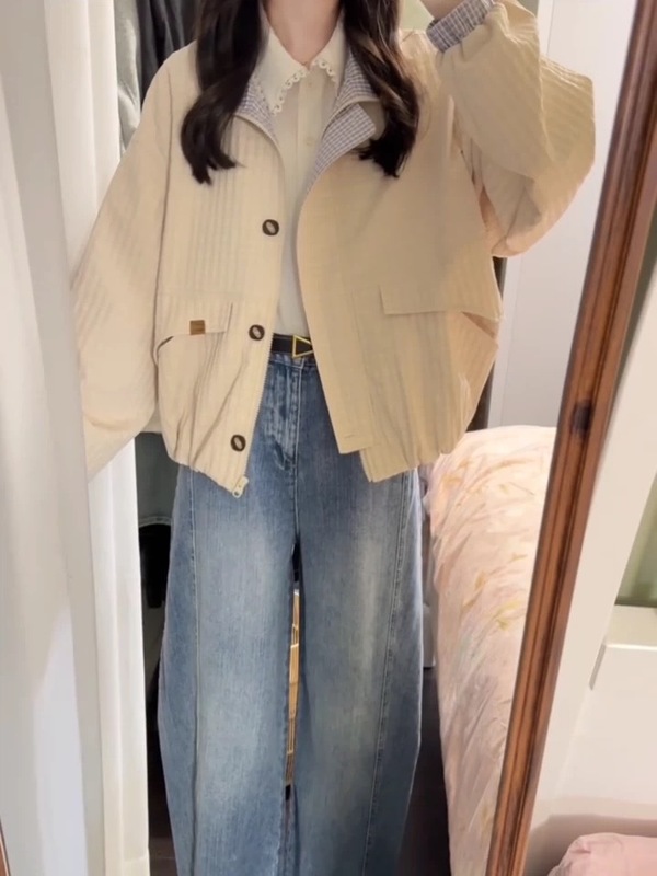早秋日系短款夹克外套女款秋2025新款小个子休闲立领格纹撞色上衣|undefined