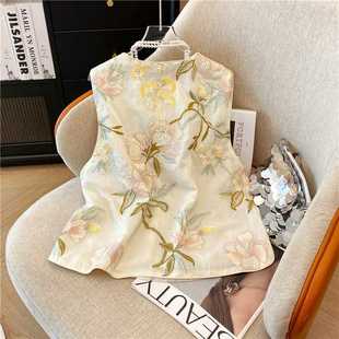 Real shot new Chinese style thin cotton and linen sequins embroidered vest summer new high-end sense horse clip