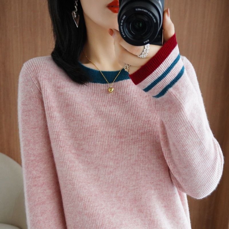 Autumn and winter casual ladies warm sweater 2024 new color matching knitted pullover O collar long sleeve plus size mm sweater
